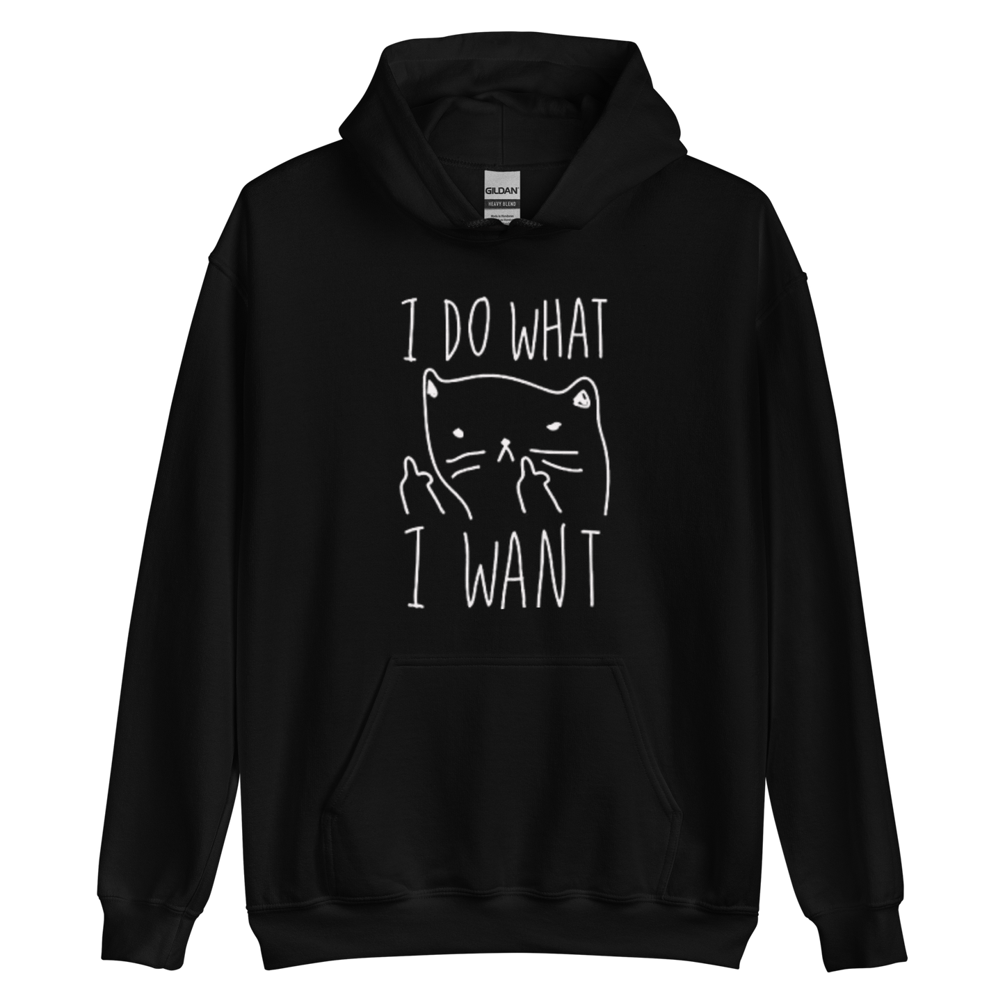 A black men's graphic hoodie featuring an annoyed cat the humorous text 'I Do What I Want' in bold letters.