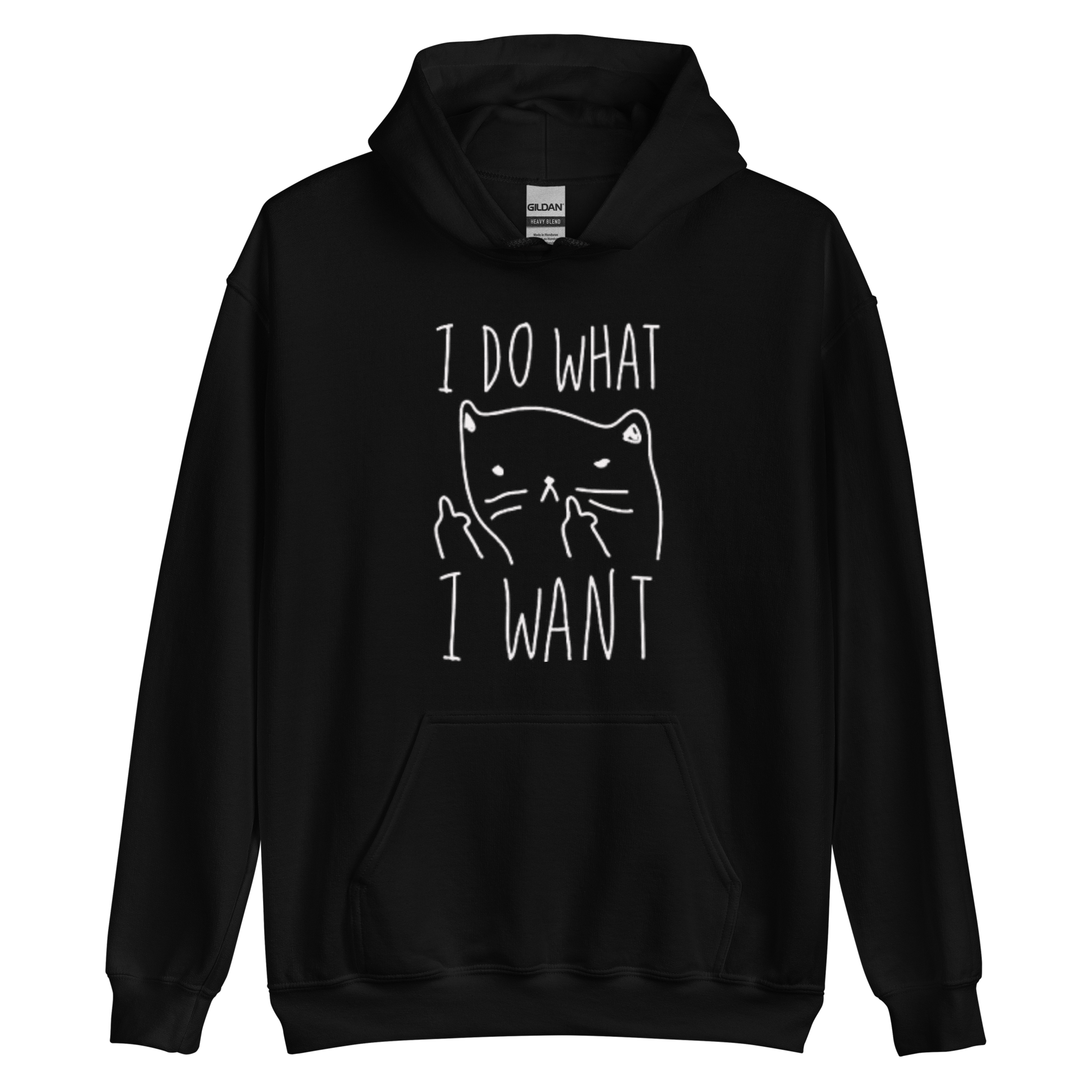 A black men's graphic hoodie featuring an annoyed cat the humorous text 'I Do What I Want' in bold letters.