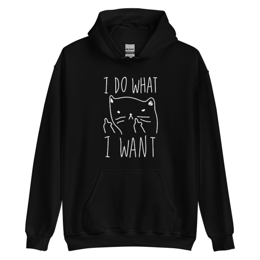 A black men's graphic hoodie featuring an annoyed cat the humorous text 'I Do What I Want' in bold letters.