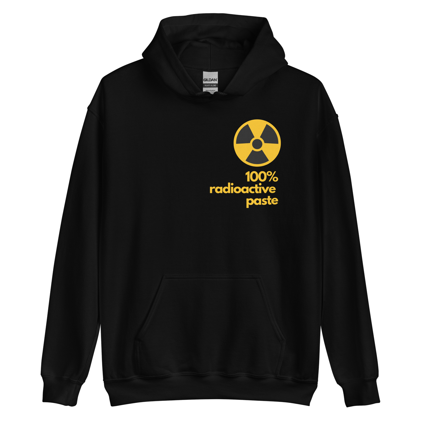 A black men's hoodie featuring a stylized yellow graphic illustration inspired by vintage watch dial markings.