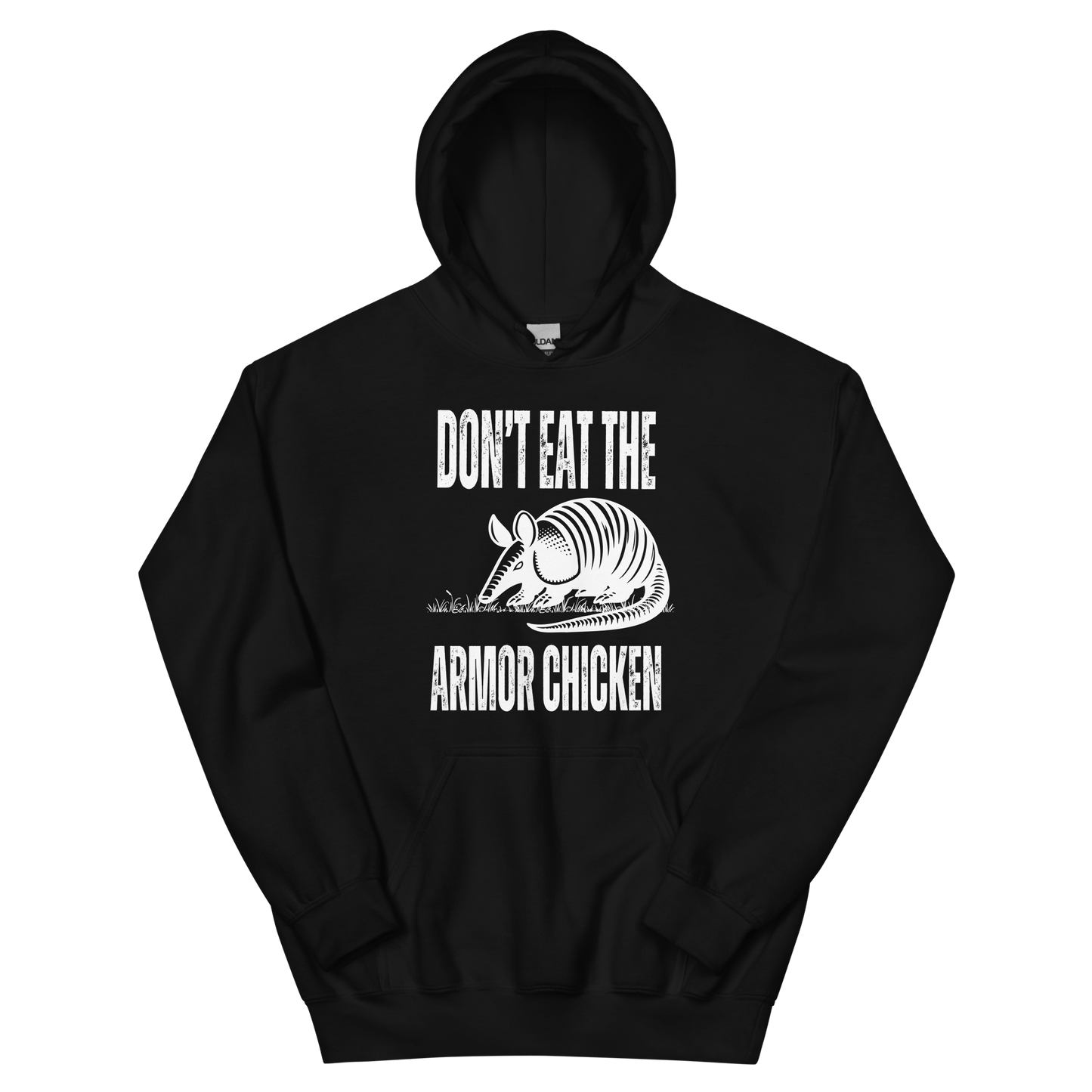 A black women's graphic hoodie featuring an illustration of an armadillo and the text 'Don't Eat The Armor Chicken'