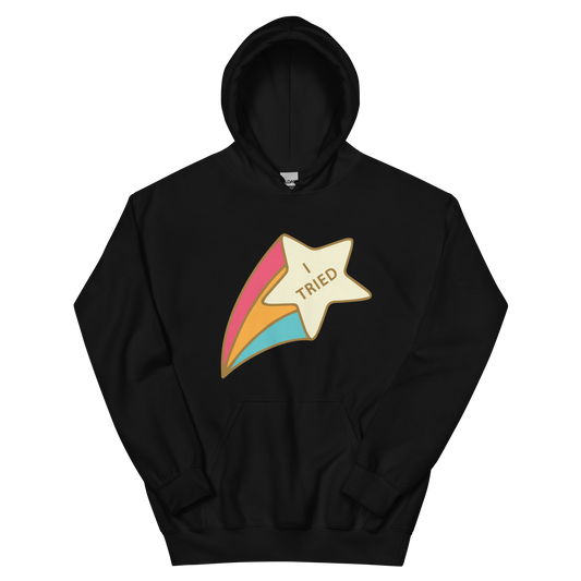 A black men's hoodie featuring a retro shooting star graphic with the text 'I Tried'.