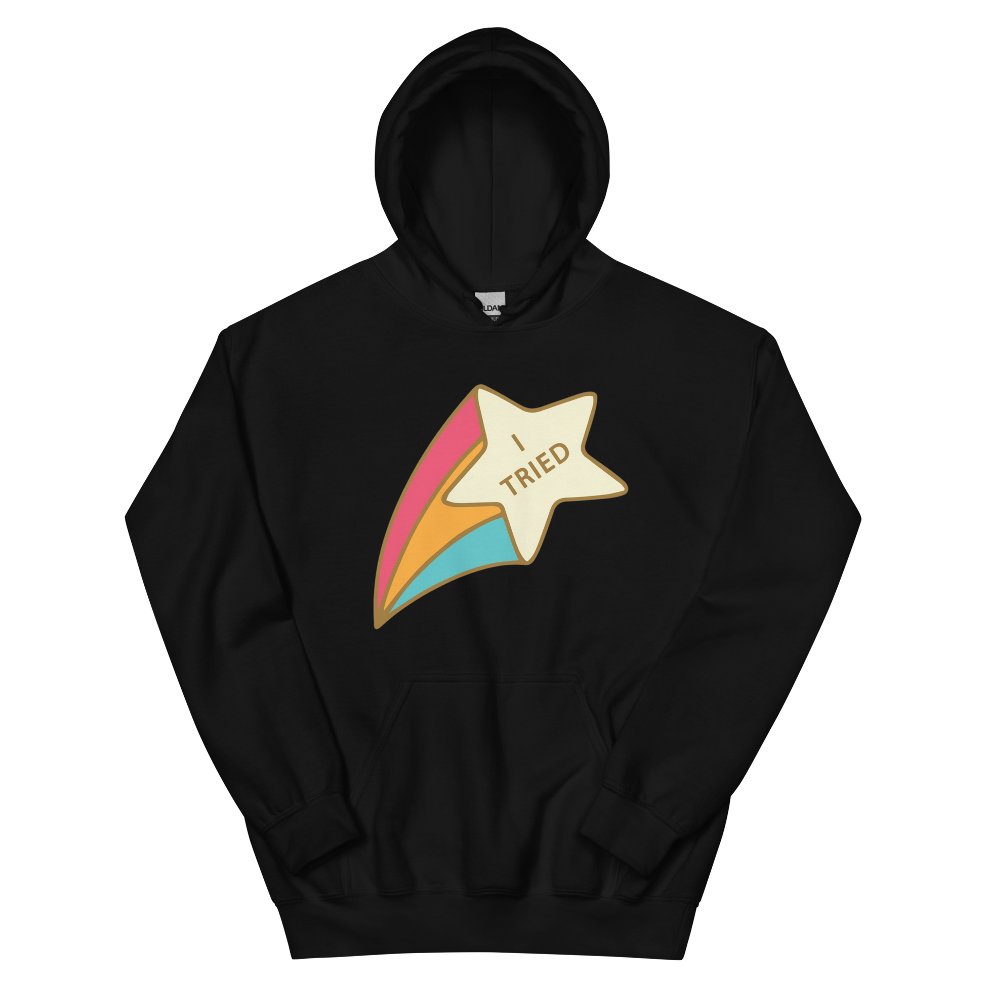 A black women's hoodie featuring a retro shooting star graphic with the text 'I Tried'.
