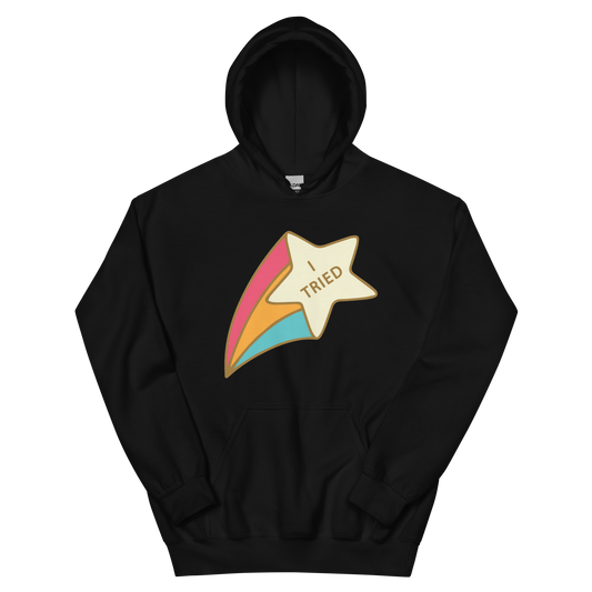 A black women's hoodie featuring a retro shooting star graphic with the text 'I Tried'.