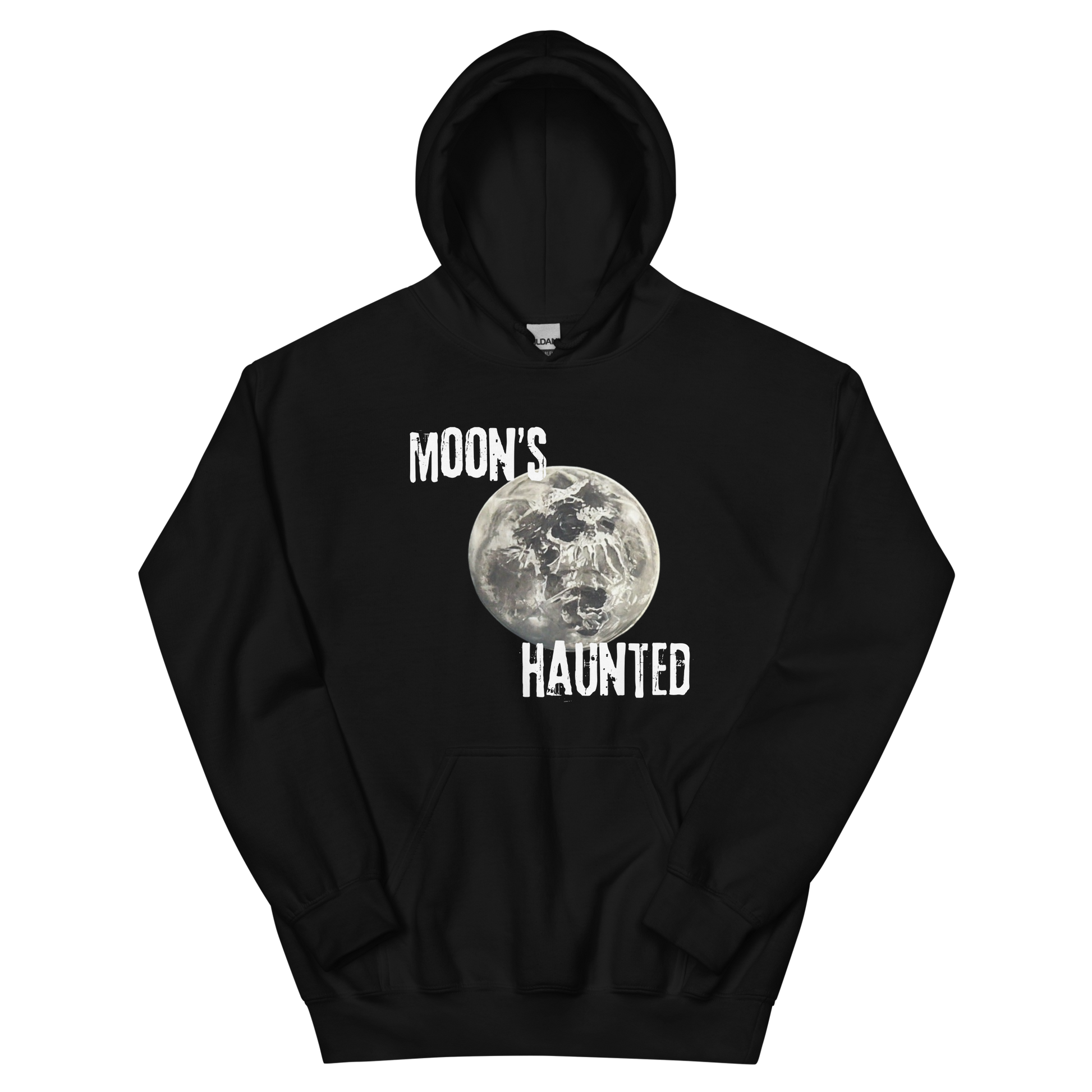 A black women's hoodie featuring the text 'MOON'S HAUNTED' in a distressed font, surrounding a moon graphic with a subtle skull face hidden in the craters.