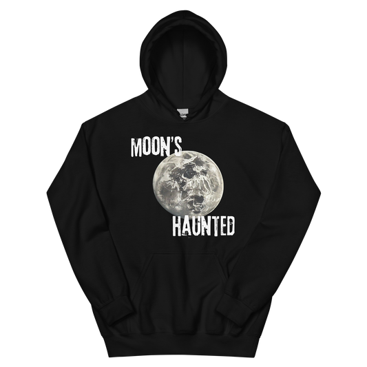 A black men's hoodie featuring the text 'MOON'S HAUNTED' in a distressed font, surrounding a moon graphic with a subtle skull face hidden in the craters.