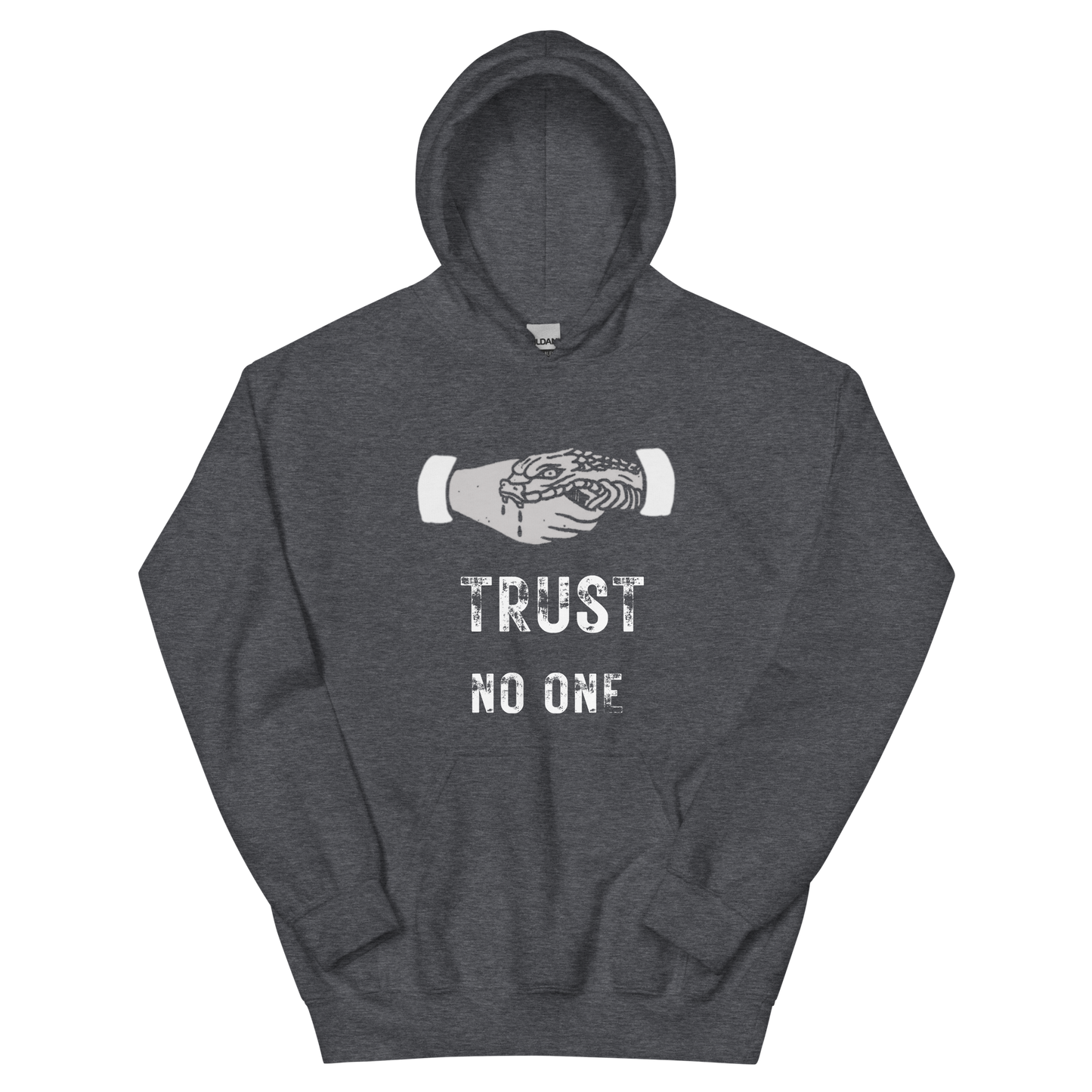 A dark heather grey women's graphic hoodie featuring the slogan 'Trust No One' in bold, distressed typography.