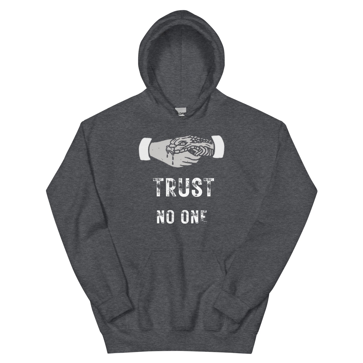 A dark heather grey men's graphic hoodie featuring the slogan 'Trust No One' in bold, distressed typography.