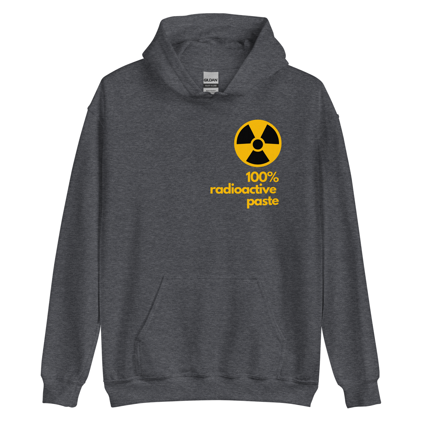 A dark heather men's hoodie featuring a stylized yellow graphic illustration inspired by vintage watch dial markings.