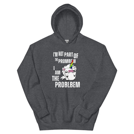A dark heather women's hoodie featuring a cartoon unicorn and the intentionally misspelled text 'I'm Not Part of the Prombem'