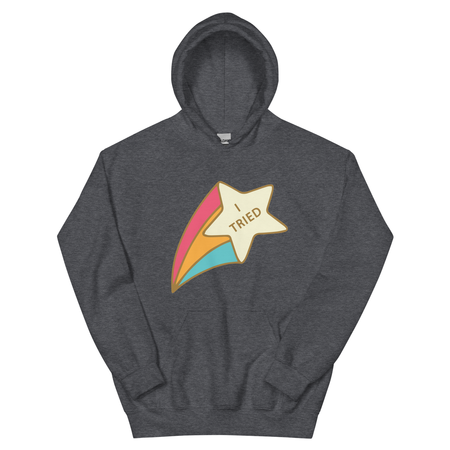 A dark heather men's hoodie featuring a retro shooting star graphic with the text 'I Tried'.