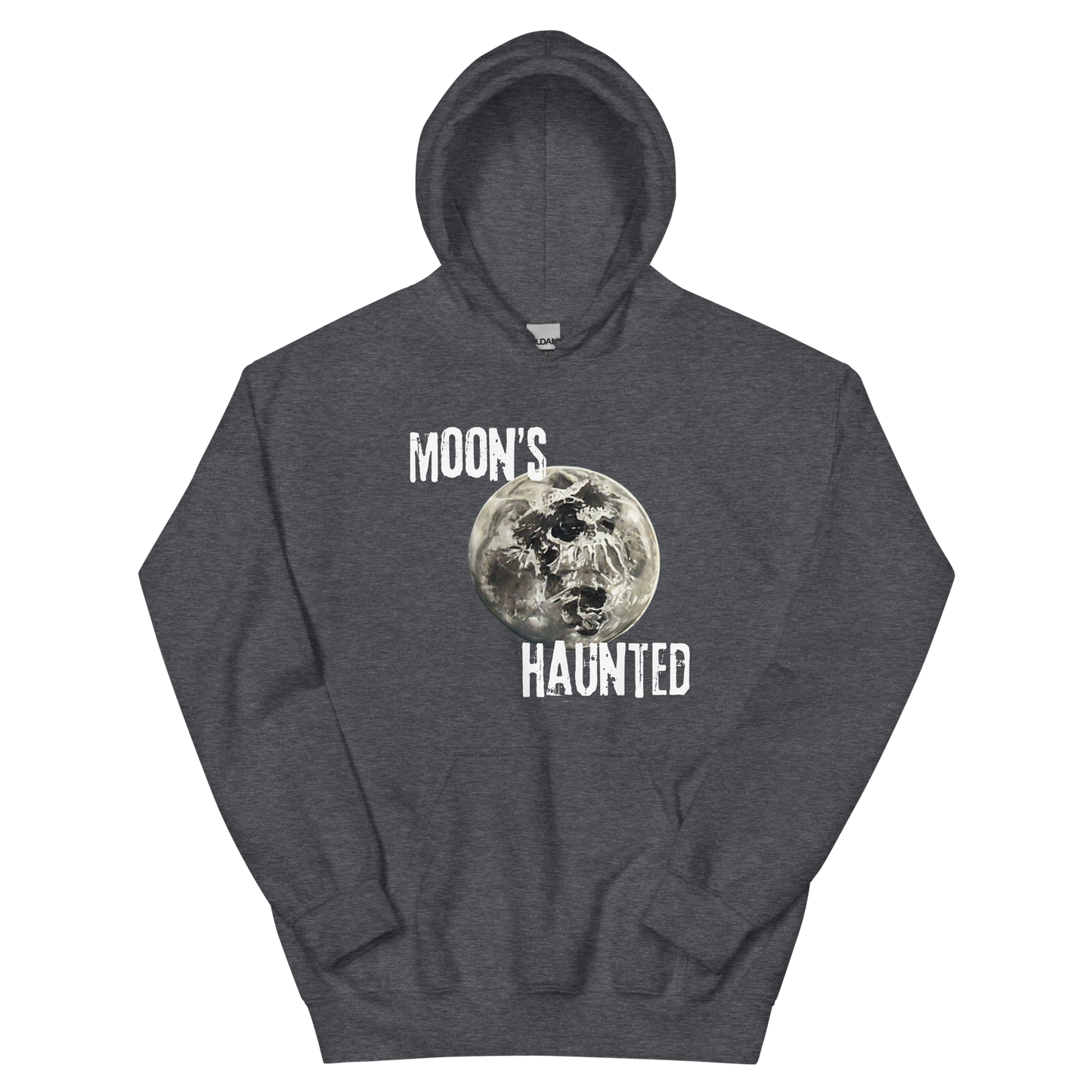 A dark heather hoodie featuring the text 'MOON'S HAUNTED' in a distressed font, surrounding a moon graphic with a subtle skull face hidden in the craters.