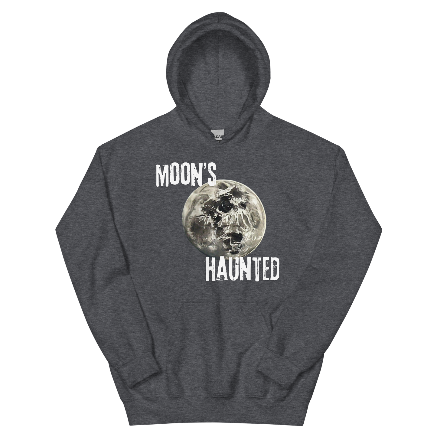 A dark heather men's hoodie featuring the text 'MOON'S HAUNTED' in a distressed font, surrounding a moon graphic with a subtle skull face hidden in the craters.