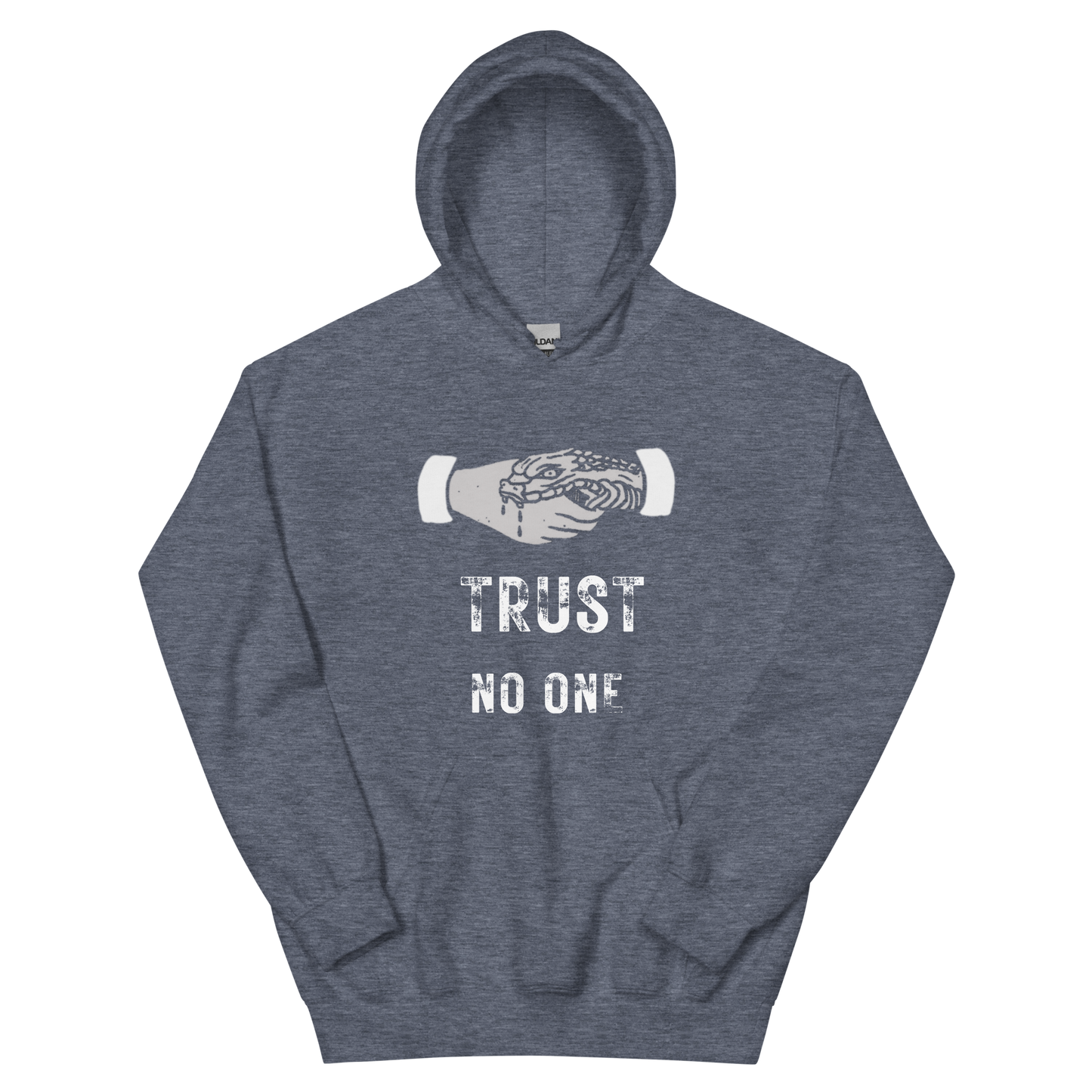A heather sport navy women's graphic hoodie featuring the slogan 'Trust No One' in bold, distressed typography.