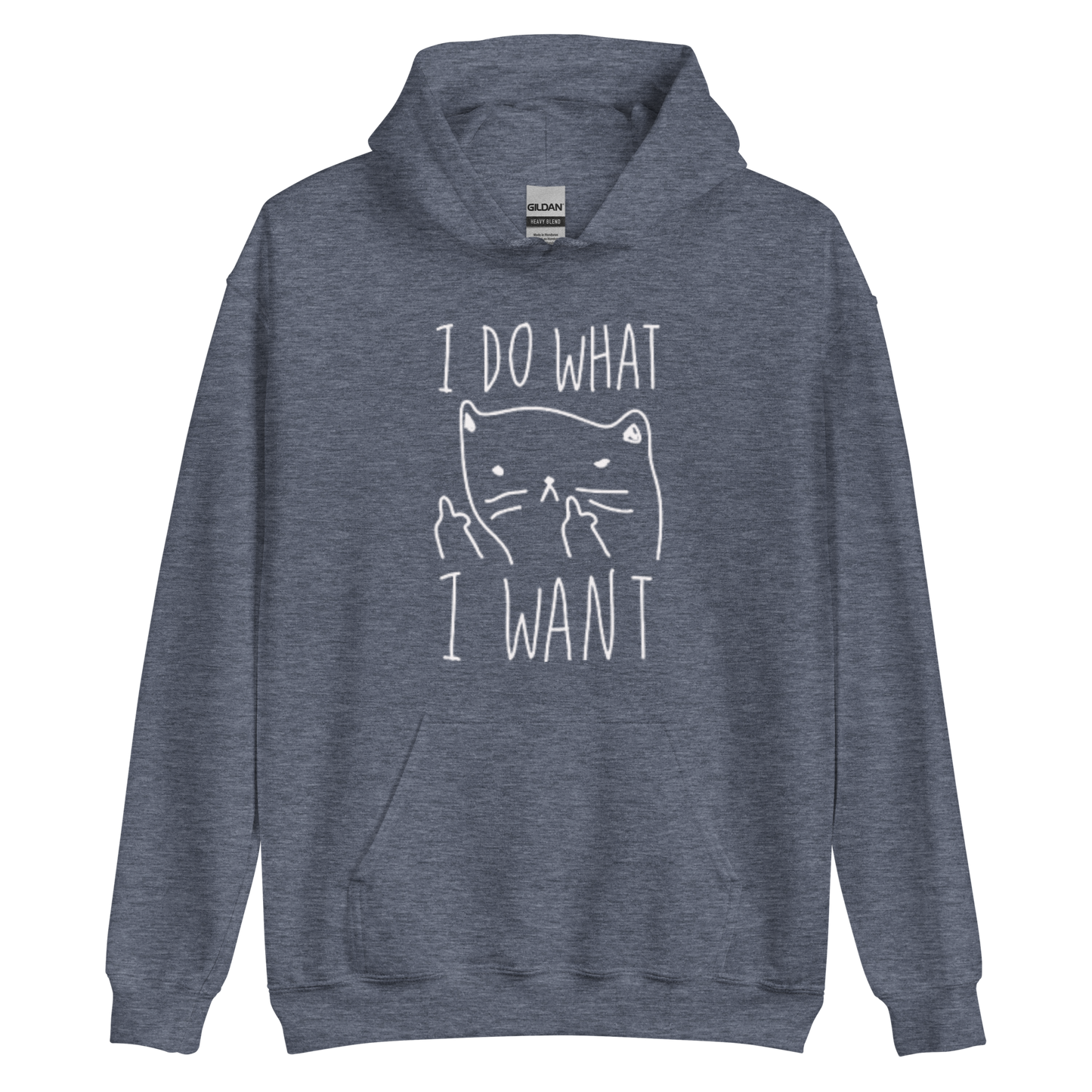 A heather sport grey men's graphic hoodie featuring an annoyed cat the humorous text 'I Do What I Want' in bold letters.