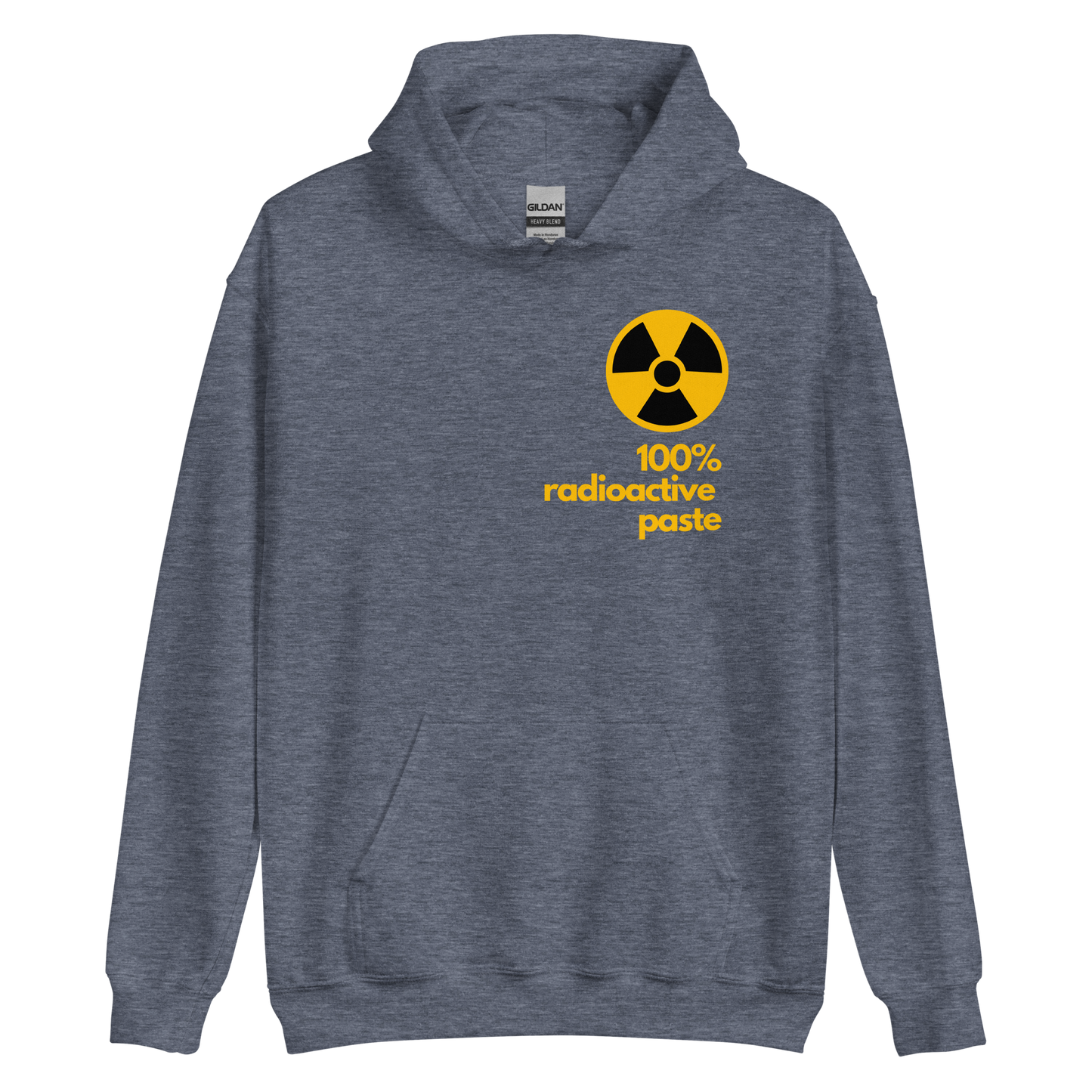 A heather sport dark navy men's hoodie featuring a stylized yellow graphic illustration inspired by vintage watch dial markings.
