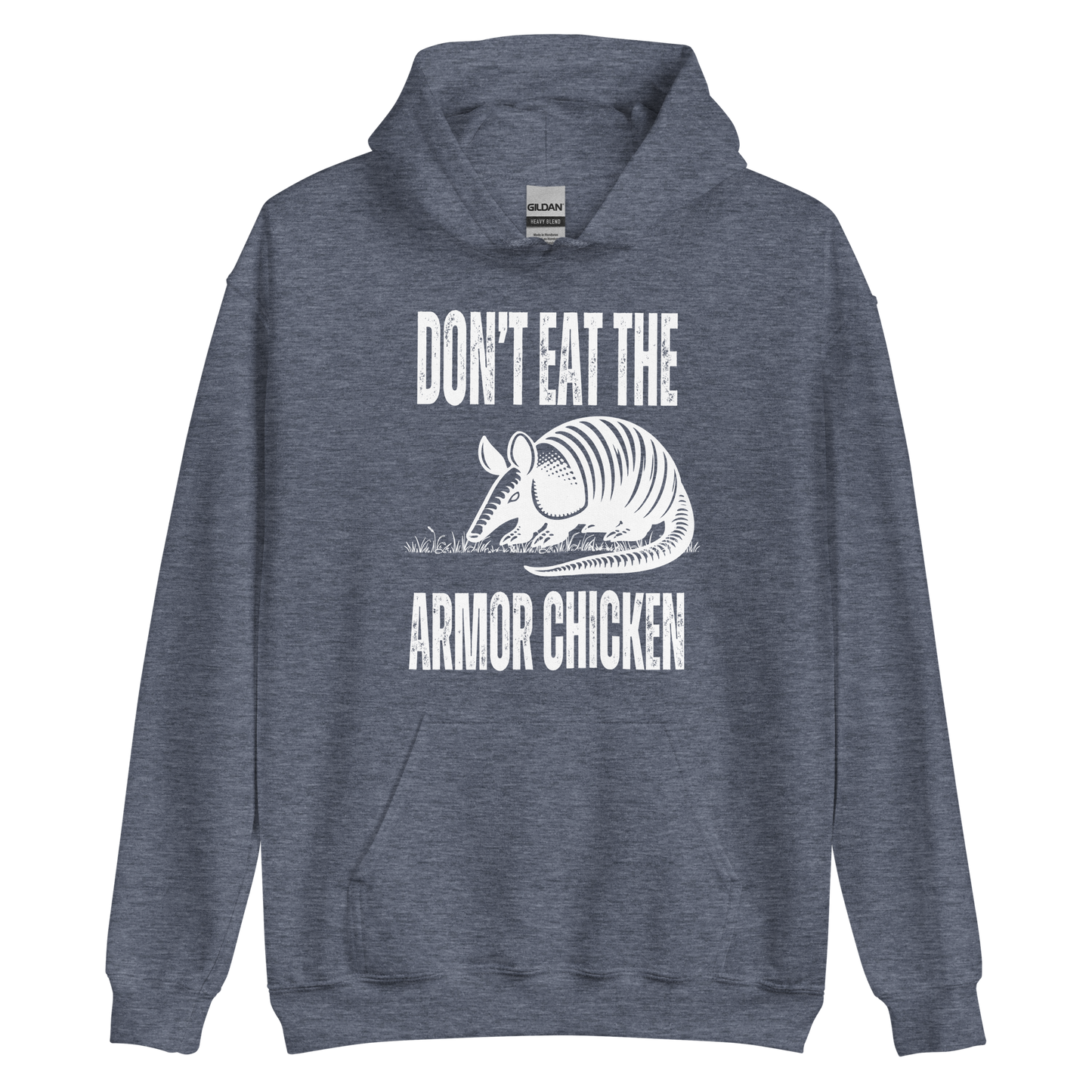 A heather sport dark navy men's graphic hoodie featuring an illustration of an armadillo and the text 'Don't Eat The Armor Chicken'