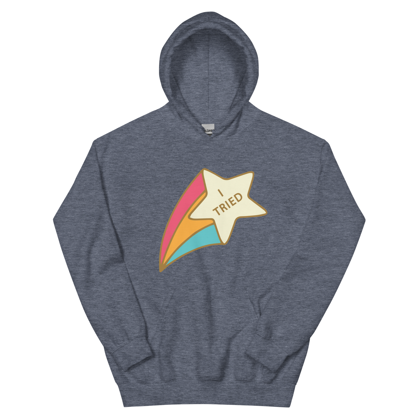 A heather sport dark navy men's hoodie featuring a retro shooting star graphic with the text 'I Tried'.