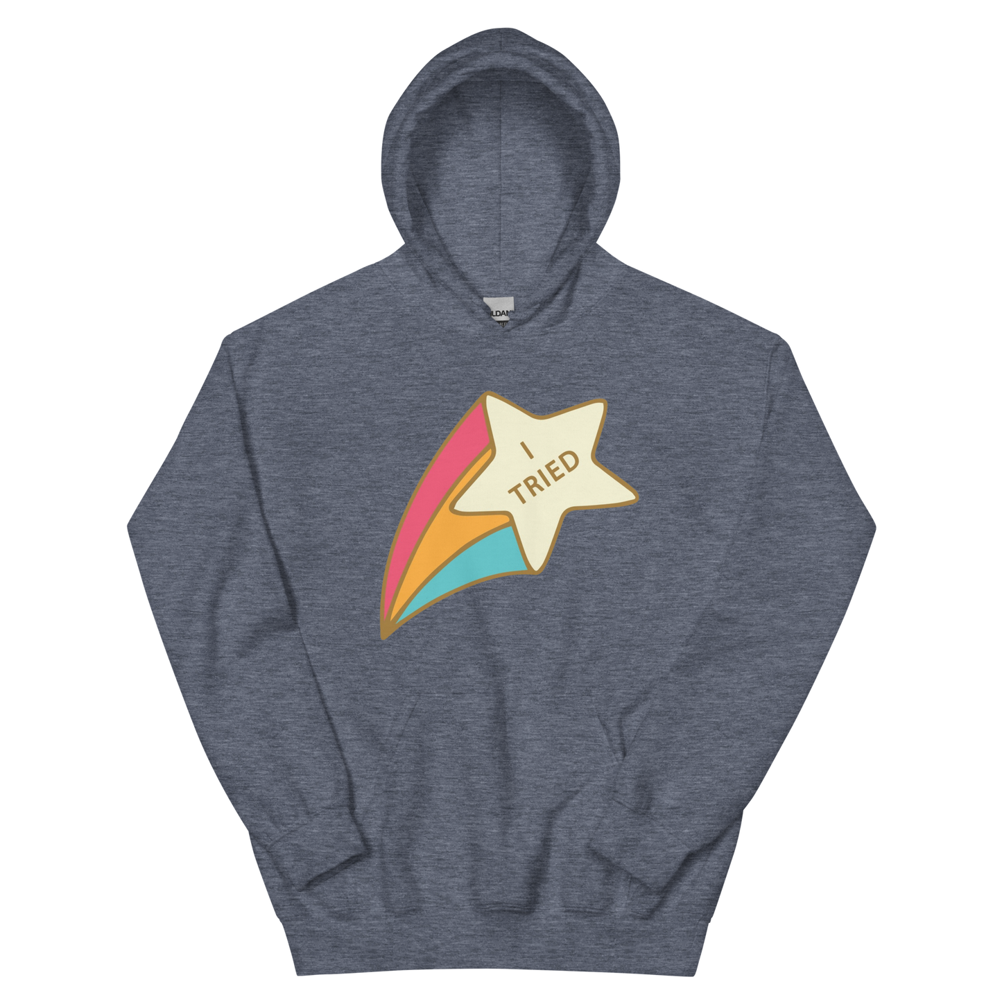 A heather sport dark navy women's hoodie featuring a retro shooting star graphic with the text 'I Tried'.