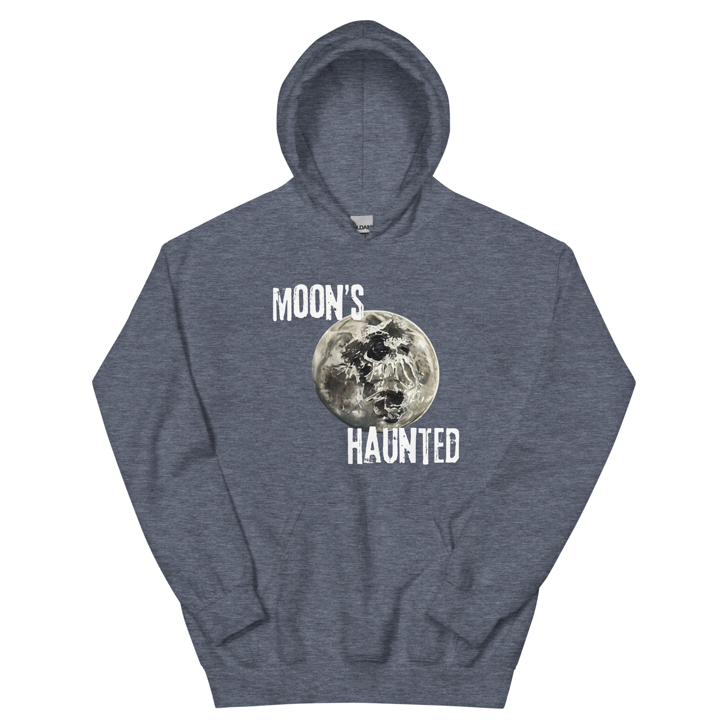 A heather sport dark navy hoodie featuring the text 'MOON'S HAUNTED' in a distressed font, surrounding a moon graphic with a subtle skull face hidden in the craters.