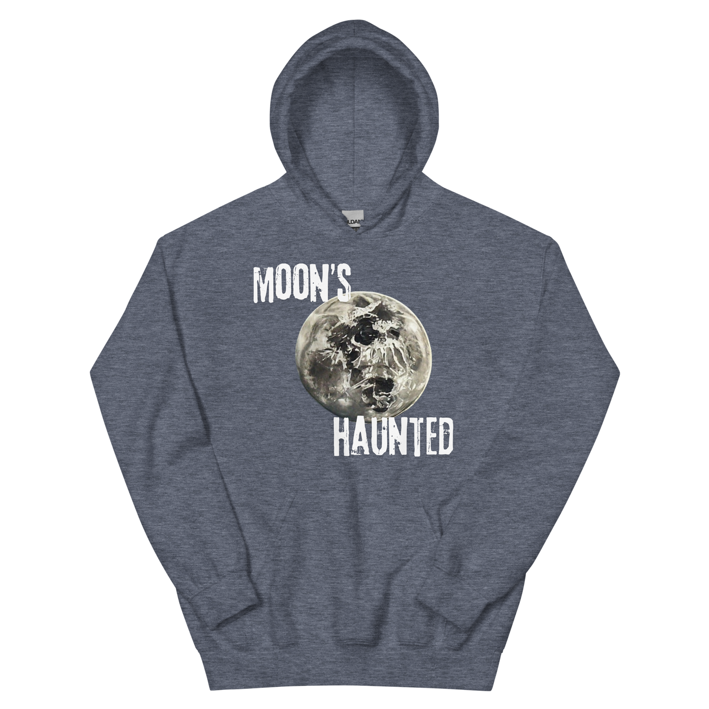 A heather sport dark navy men's hoodie featuring the text 'MOON'S HAUNTED' in a distressed font, surrounding a moon graphic with a subtle skull face hidden in the craters.