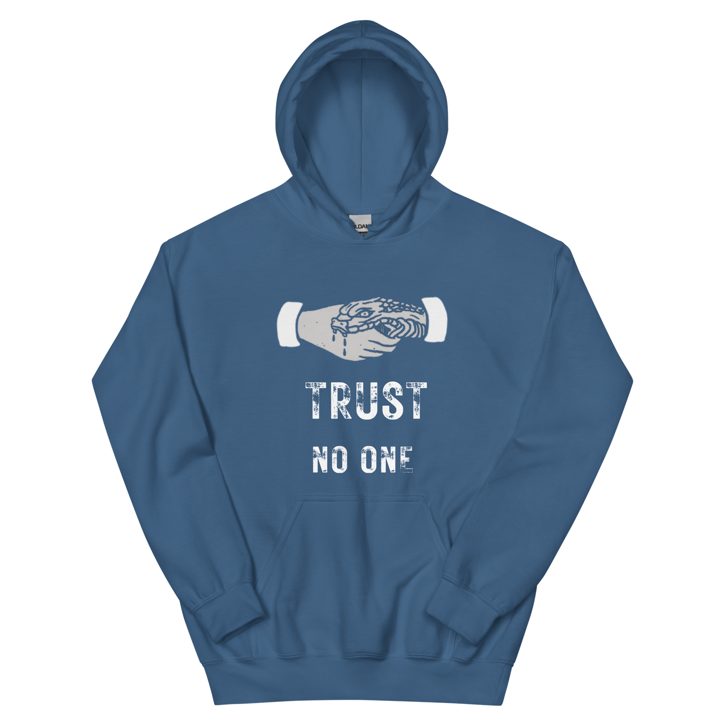 An indigo blue women's graphic hoodie featuring the slogan 'Trust No One' in bold, distressed typography.