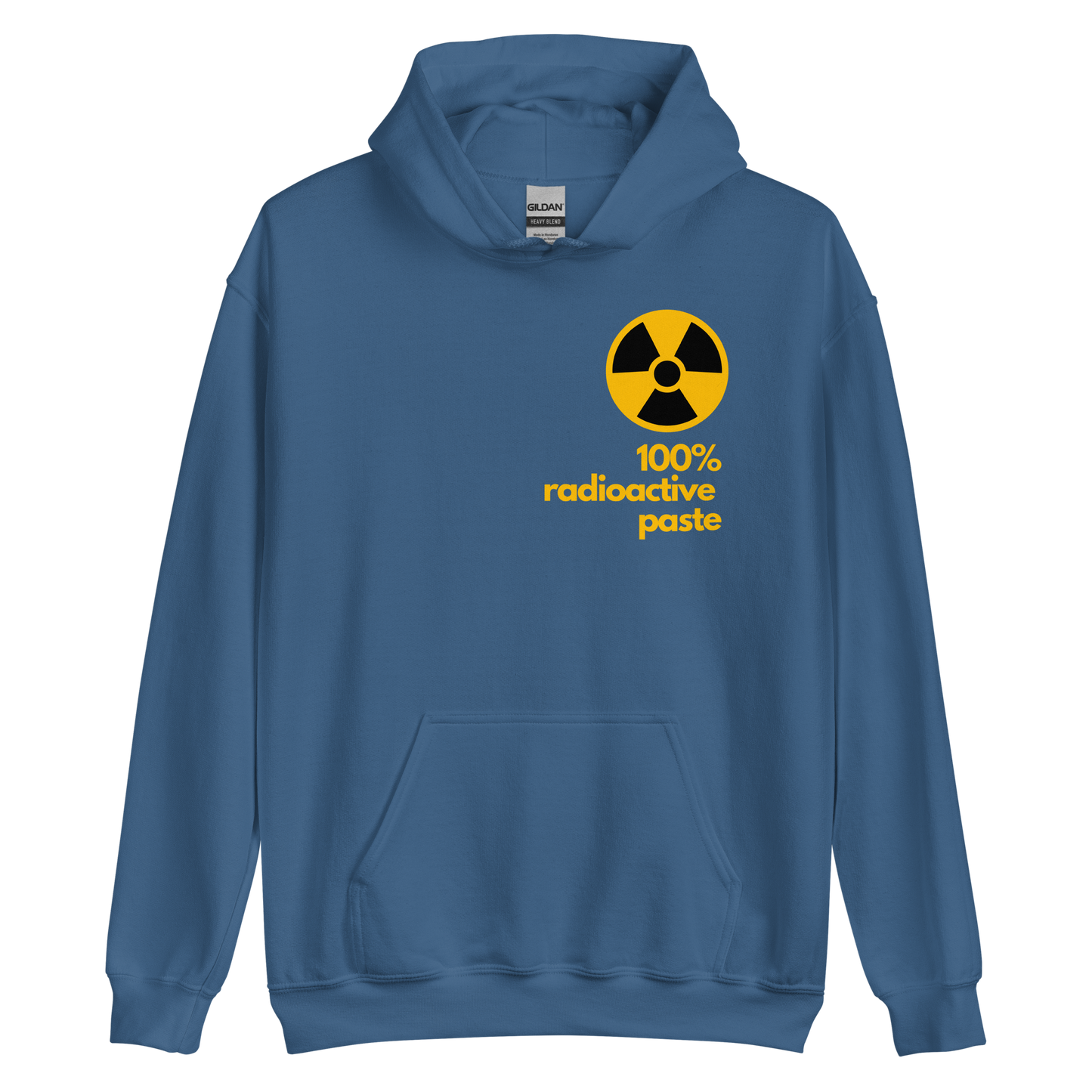 An indigo blue men's hoodie featuring a stylized yellow graphic illustration inspired by vintage watch dial markings.