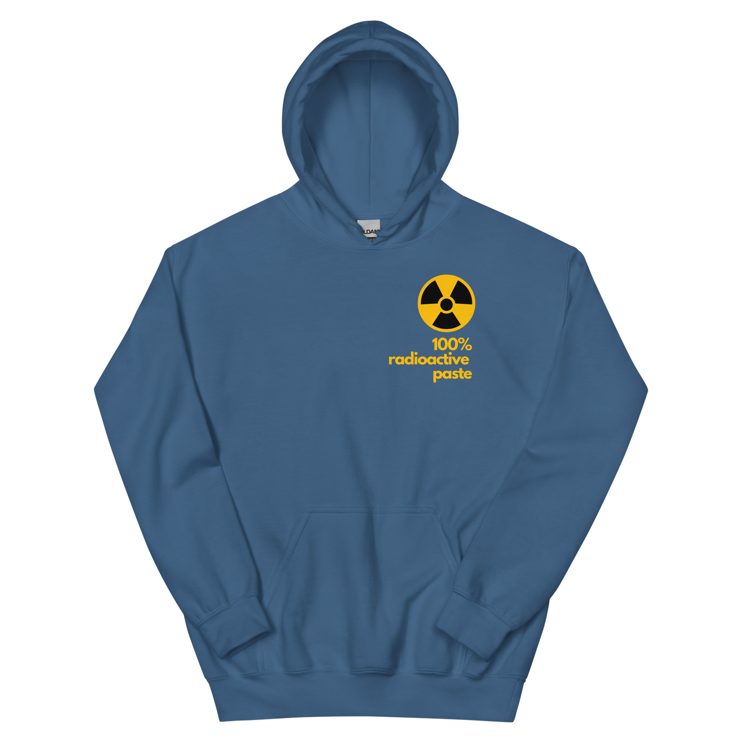An indigo blue women's hoodie featuring a stylized yellow graphic illustration inspired by vintage watch dial markings.