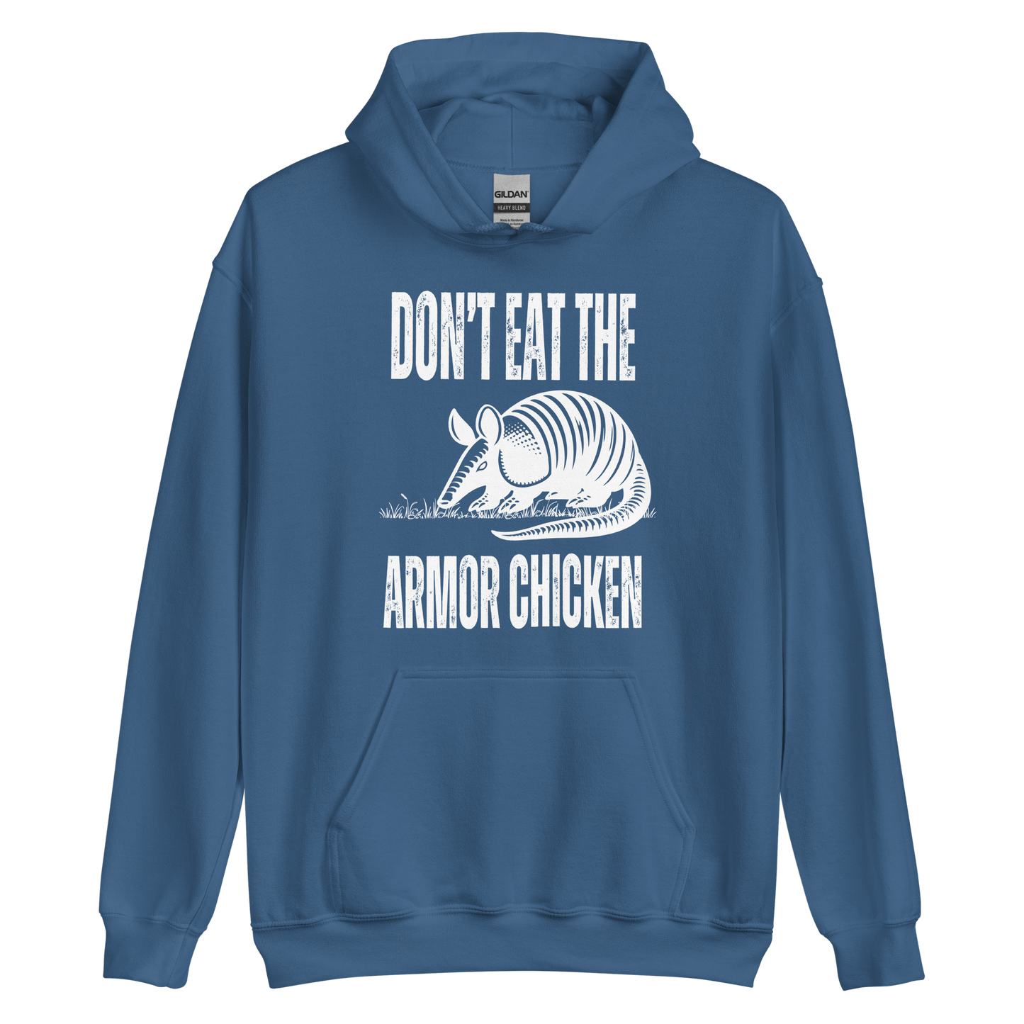 An indigo blue men's graphic hoodie featuring an illustration of an armadillo and the text 'Don't Eat The Armor Chicken'