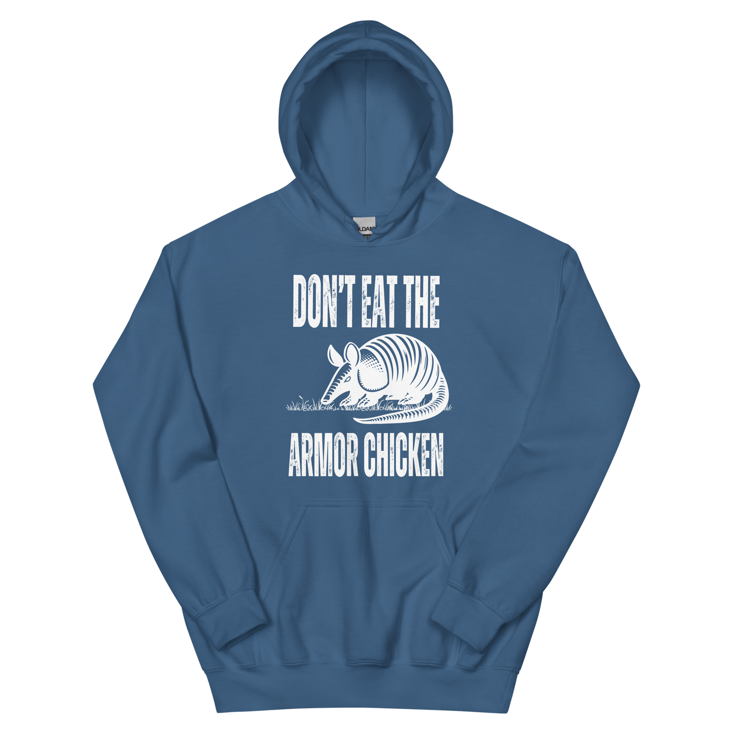 An indigo blue women's graphic hoodie featuring an illustration of an armadillo and the text 'Don't Eat The Armor Chicken'