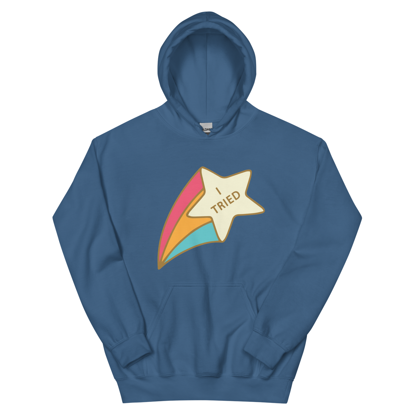 An indigo blue men's hoodie featuring a retro shooting star graphic with the text 'I Tried'.