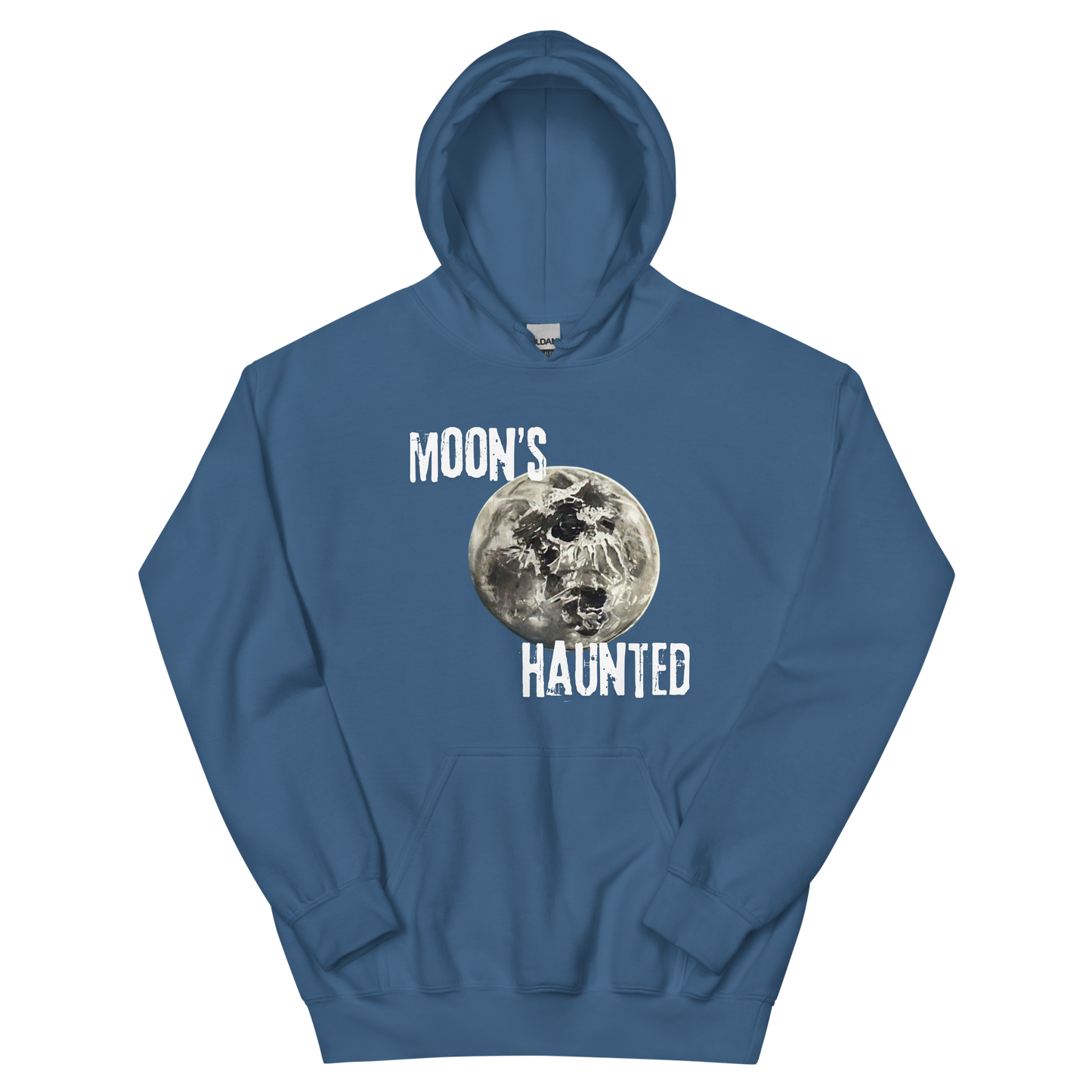 An indigo blue hoodie featuring the text 'MOON'S HAUNTED' in a distressed font, surrounding a moon graphic with a subtle skull face hidden in the craters.