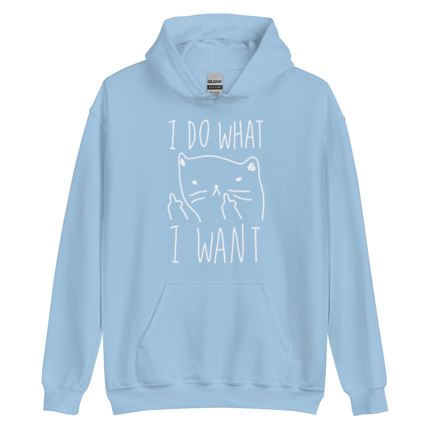 A light blue women's graphic hoodie featuring an annoyed cat and the humorous text 'I Do What I Want' in bold letters.