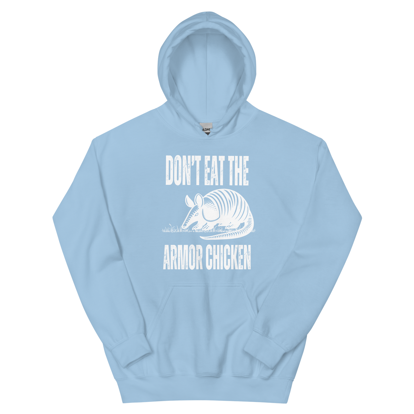 A light blue women's graphic hoodie featuring an illustration of an armadillo and the text 'Don't Eat The Armor Chicken'