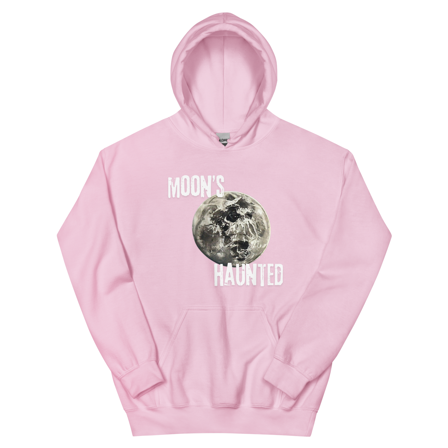 A light pink hoodie featuring the text 'MOON'S HAUNTED' in a distressed font, surrounding a moon graphic with a subtle skull face hidden in the craters.