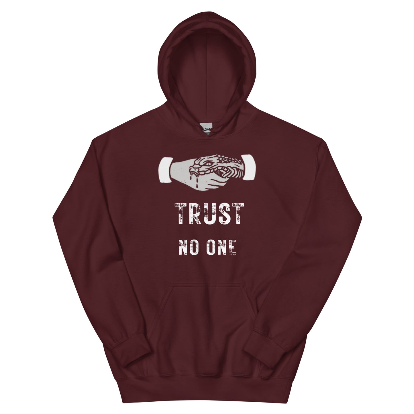 A maroon men's graphic hoodie featuring the slogan 'Trust No One' in bold, distressed typography.