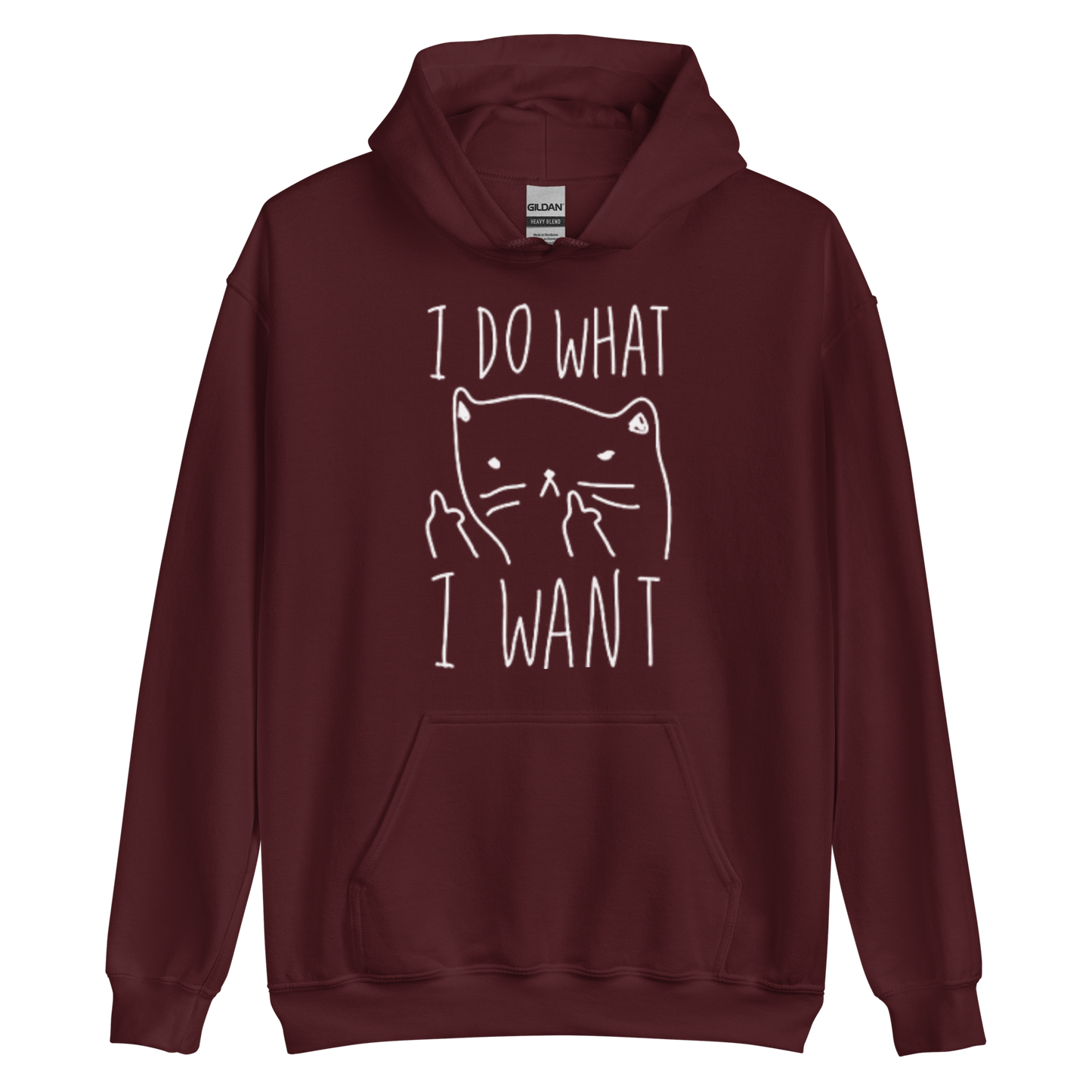 A maroon women's graphic hoodie featuring an annoyed cat and the humorous text 'I Do What I Want' in bold letters.