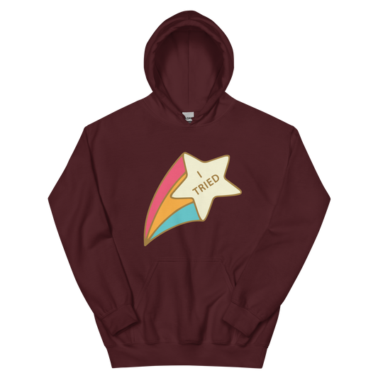A maroon men's hoodie featuring a retro shooting star graphic with the text 'I Tried'.