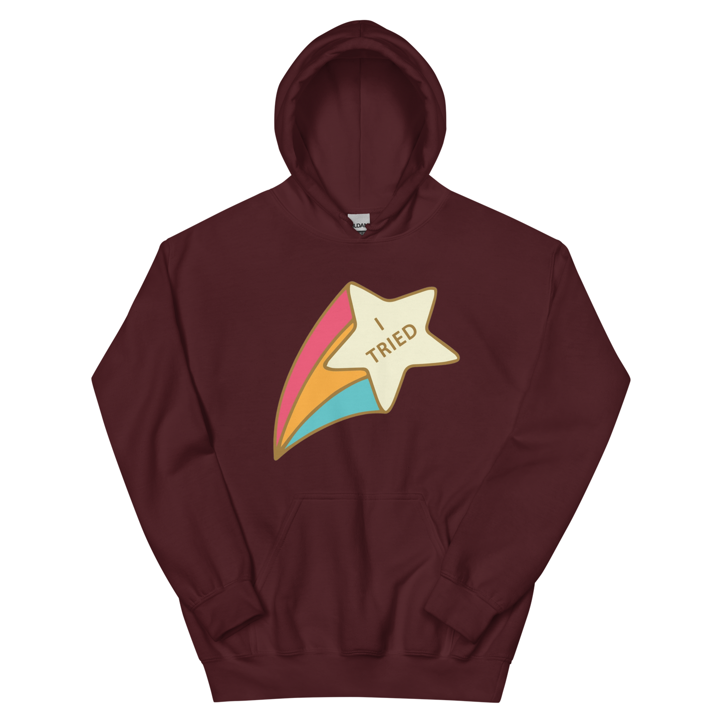A maroon women's hoodie featuring a retro shooting star graphic with the text 'I Tried'.