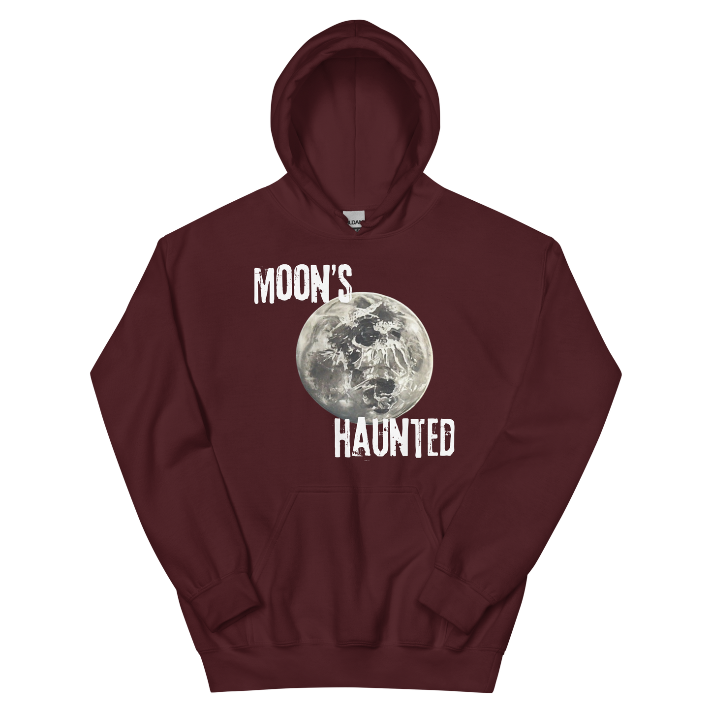 A maroon men's hoodie featuring the text 'MOON'S HAUNTED' in a distressed font, surrounding a moon graphic with a subtle skull face hidden in the craters.