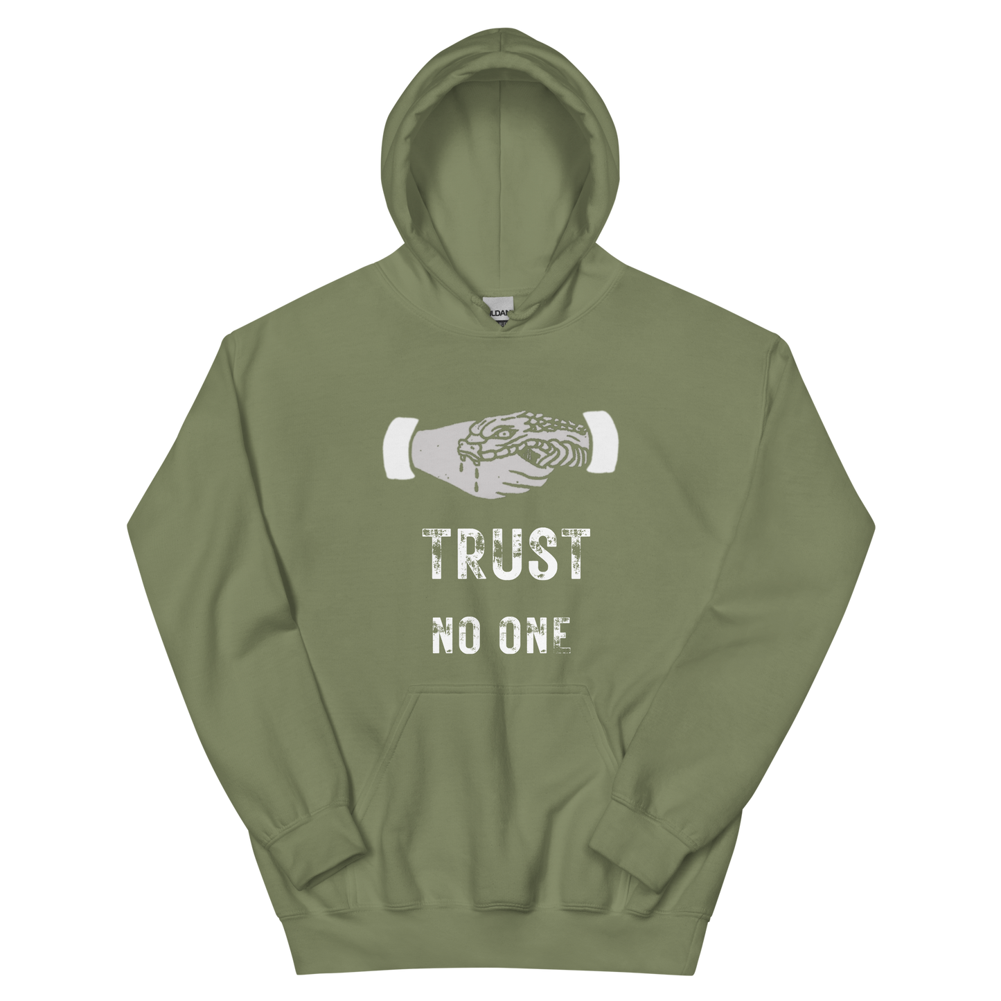 A military green women's graphic hoodie featuring the slogan 'Trust No One' in bold, distressed typography.