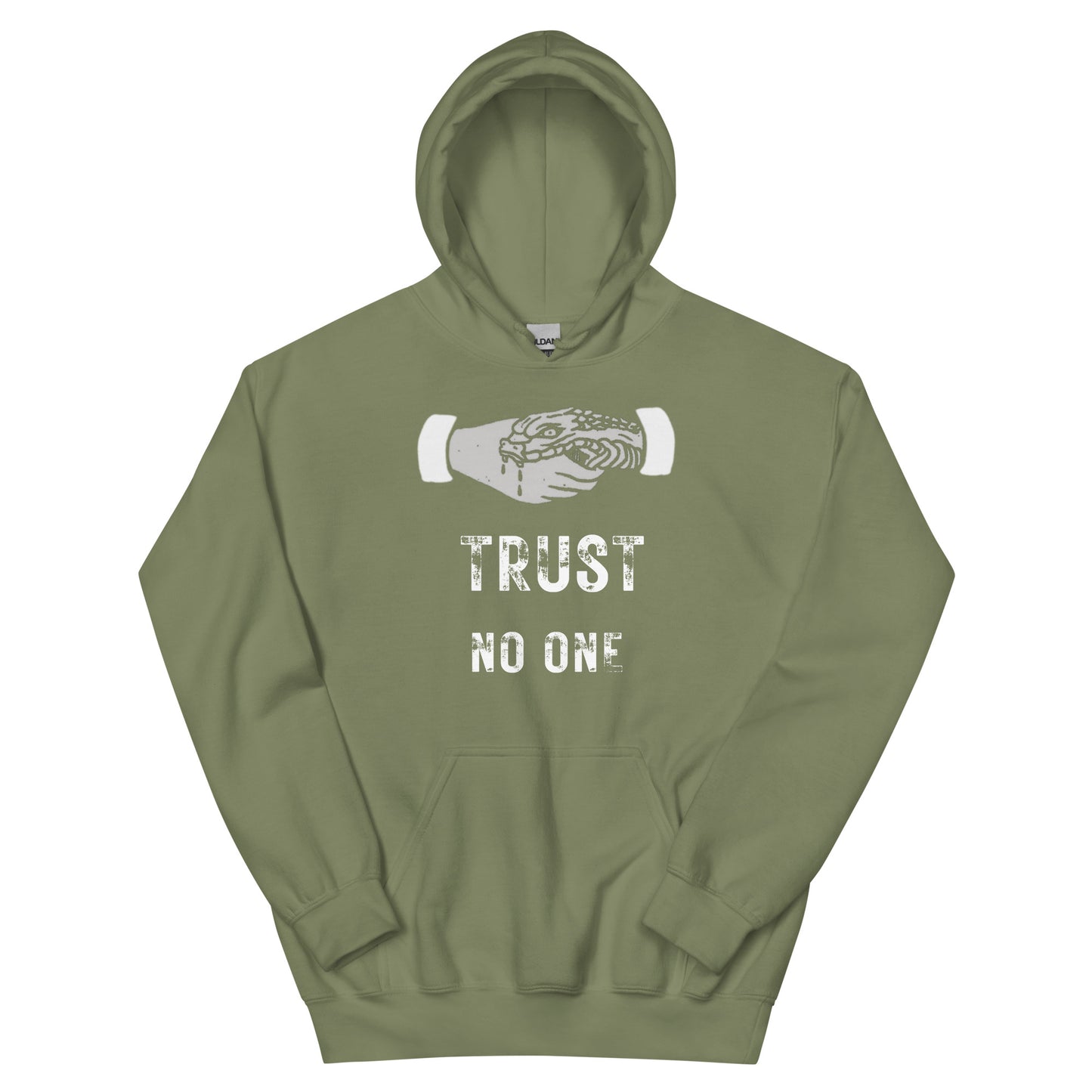 A military green men's graphic hoodie featuring the slogan 'Trust No One' in bold, distressed typography.