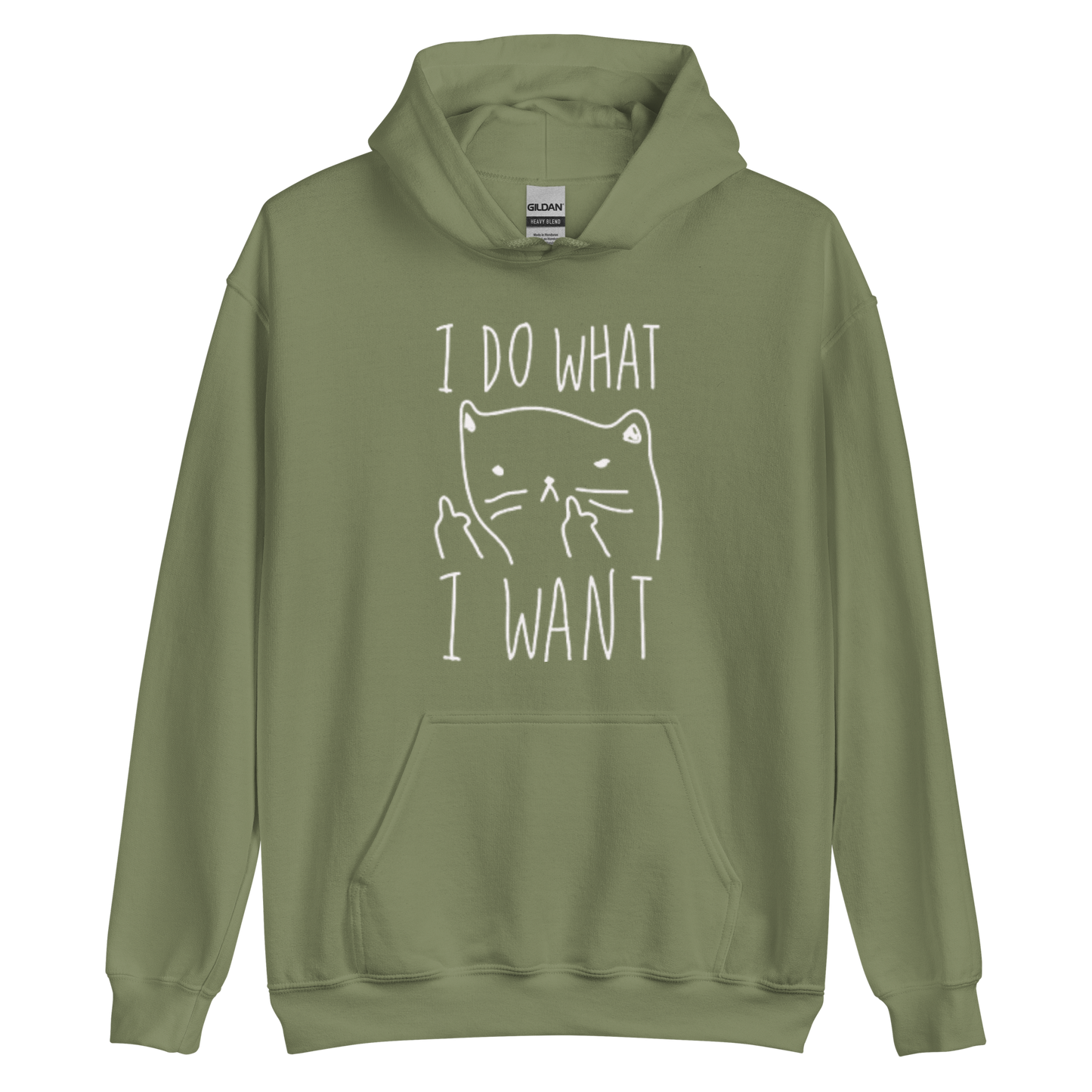 A military green men's graphic hoodie featuring an annoyed cat the humorous text 'I Do What I Want' in bold letters.