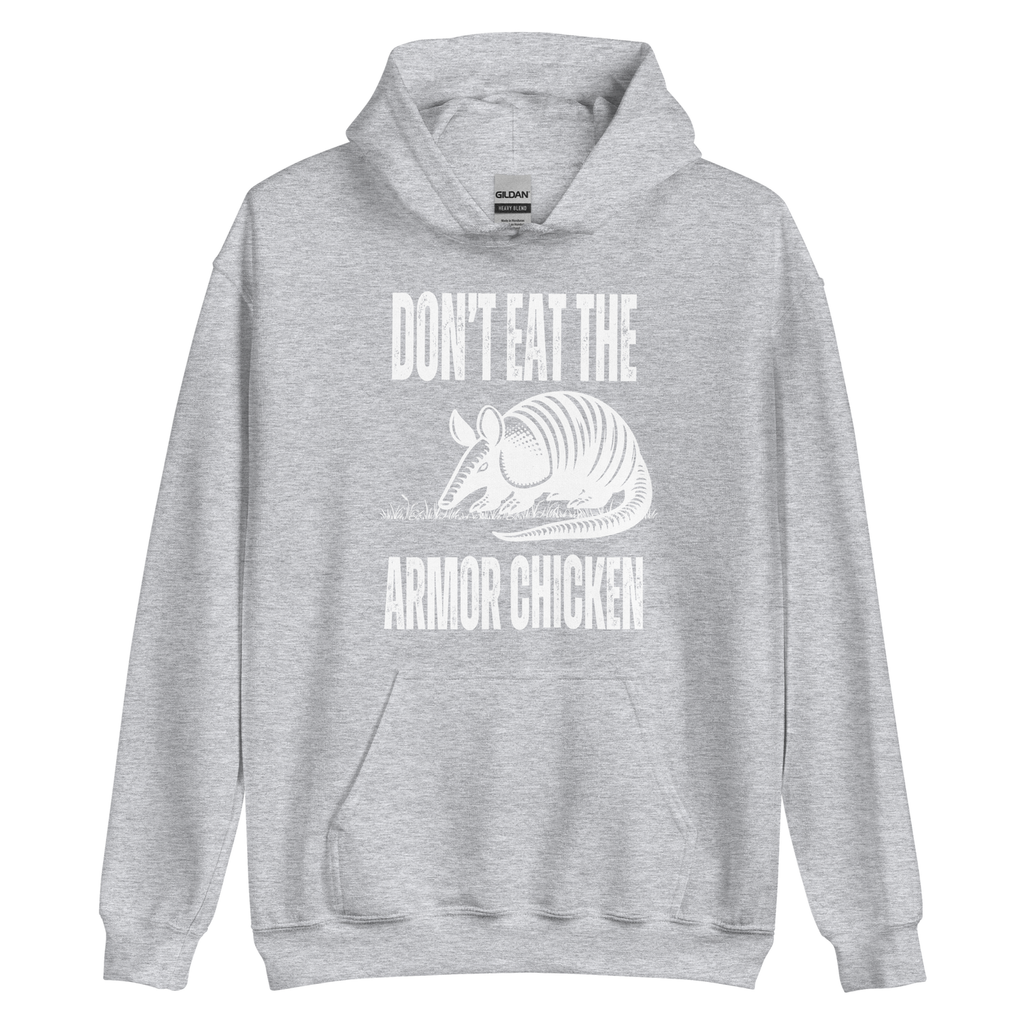 A sport grey men's graphic hoodie featuring an illustration of an armadillo and the text 'Don't Eat The Armor Chicken'