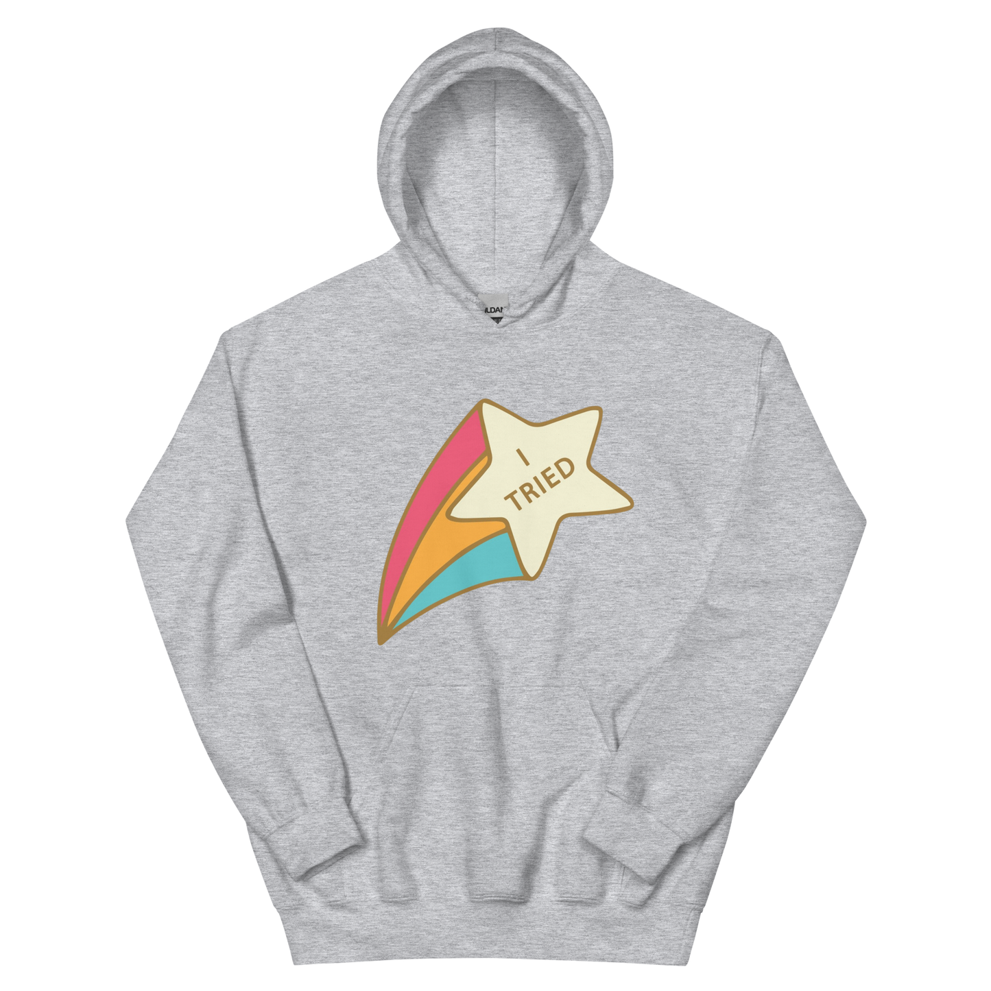 A sport grey men's hoodie featuring a retro shooting star graphic with the text 'I Tried'.