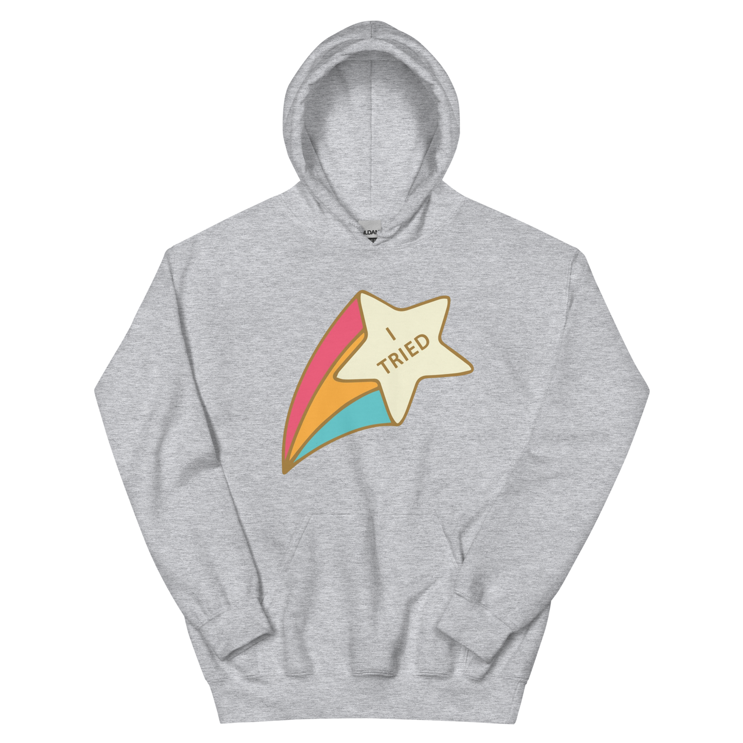 A sport grey women's hoodie featuring a retro shooting star graphic with the text 'I Tried'.