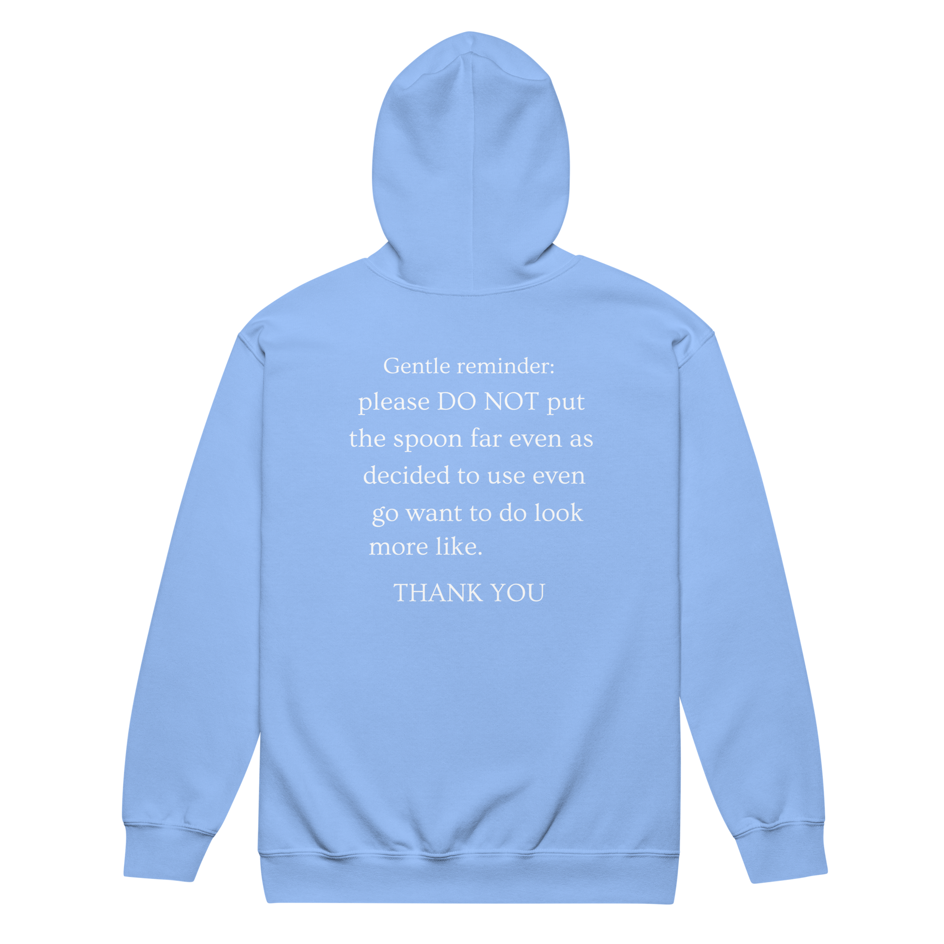 A carolina blue zip-up hoodie featuring two purple paw prints on the front chest and the viral 'Gentle Reminder' nonsense text on the back.