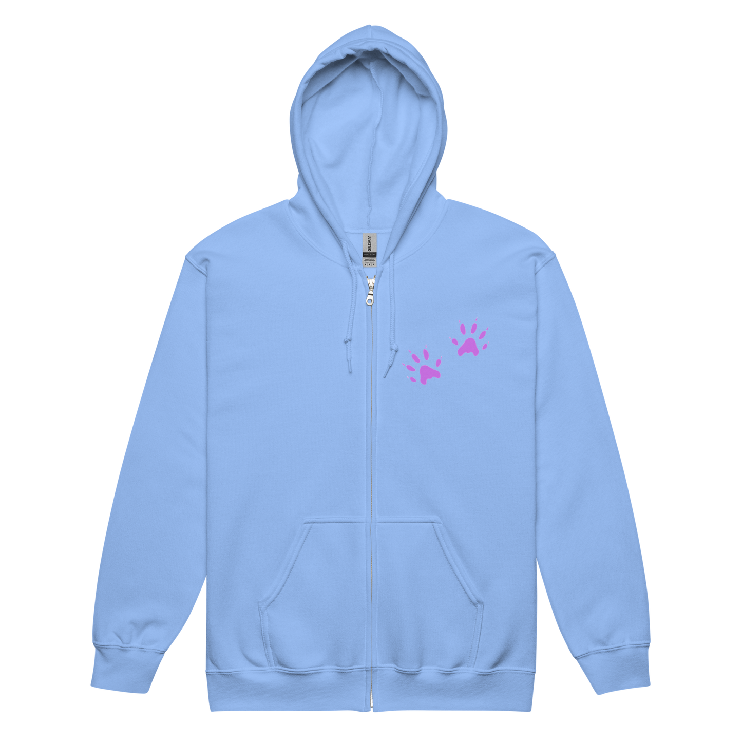 A carolina blue zip-up hoodie featuring two purple paw prints on the front chest and the viral 'Gentle Reminder' nonsense text on the back.