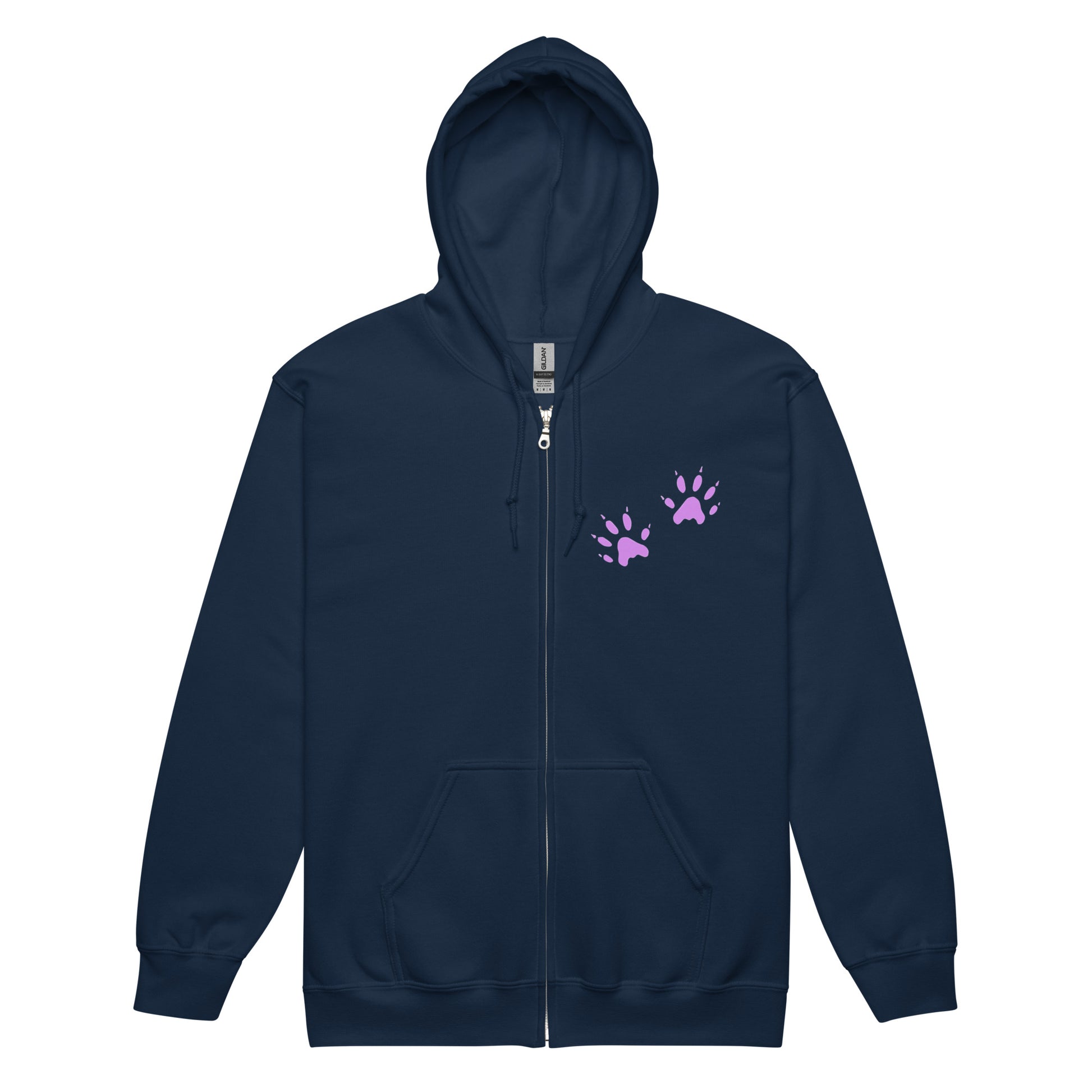 A navy zip-up hoodie featuring two purple paw prints on the front chest and the viral 'Gentle Reminder' nonsense text on the back.