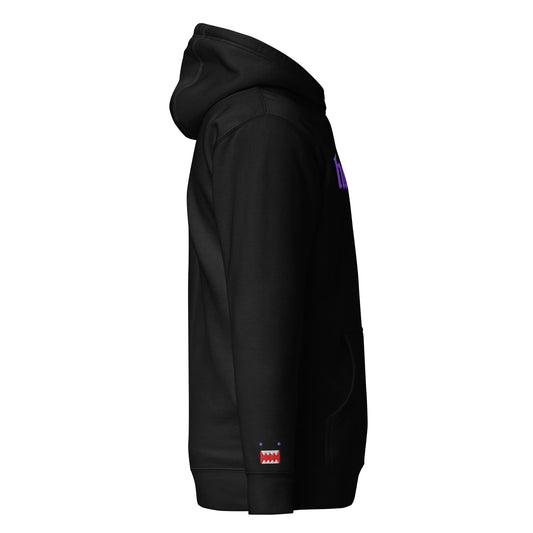 Side profile view of a black hoodie showing the signature small red and white 'Guardian' icon embroidered on the left sleeve.